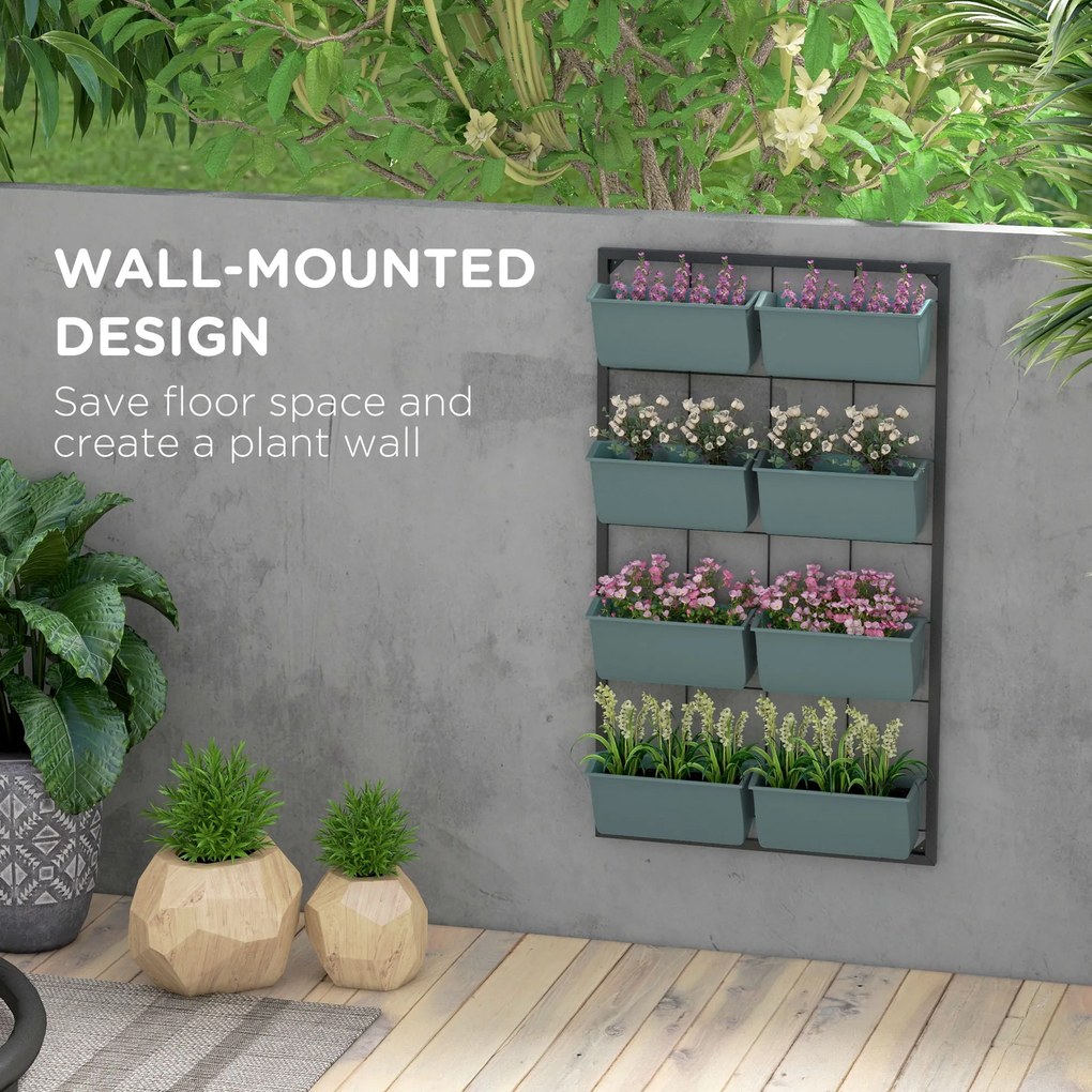 Outsunny Stolik na kwiaty z 8 skrzynkami do sadzenia, stosowalny, odporny na warunki atmosferyczne, 52,5 x 14 x 90 cm, Szary + Czarny