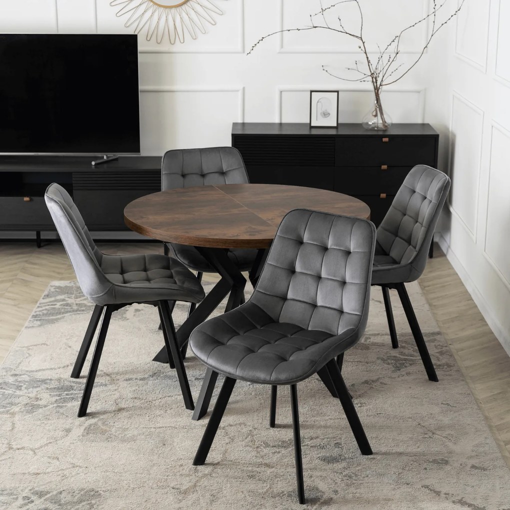 Zestaw Stół Okrągły Rozkładany LUKAS 100-250 cm Dąb Rustykalny/Czarny i 4 Krzesła Tapicerowane RICK Szare Welurowe Nowoczesne