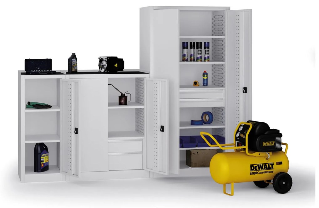 Szafa warsztatowa na narzędzia KOVOS, 4 półki, 4 szuflady, perforowana, 950 x 600 x 1950 mm, szary