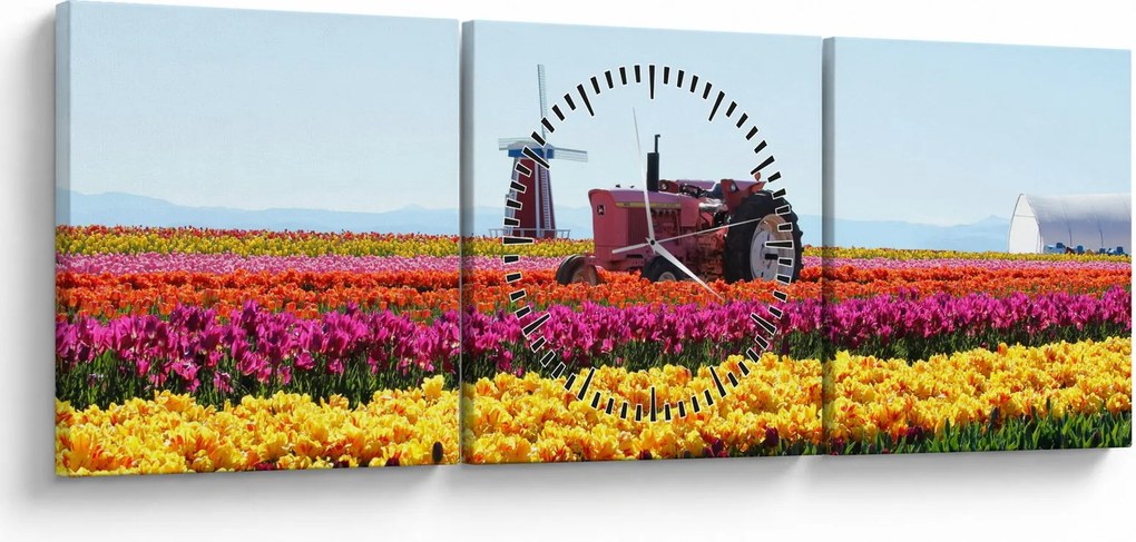 Obraz farmy tulipanów (z zegarem) (90x30 cm)