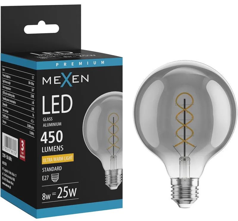 Mexen Vintis żarówka filament spirala LED E27, G95, 8W, Ciepła - 2200K, 450 lm, smoke - L167-E27-0822-70