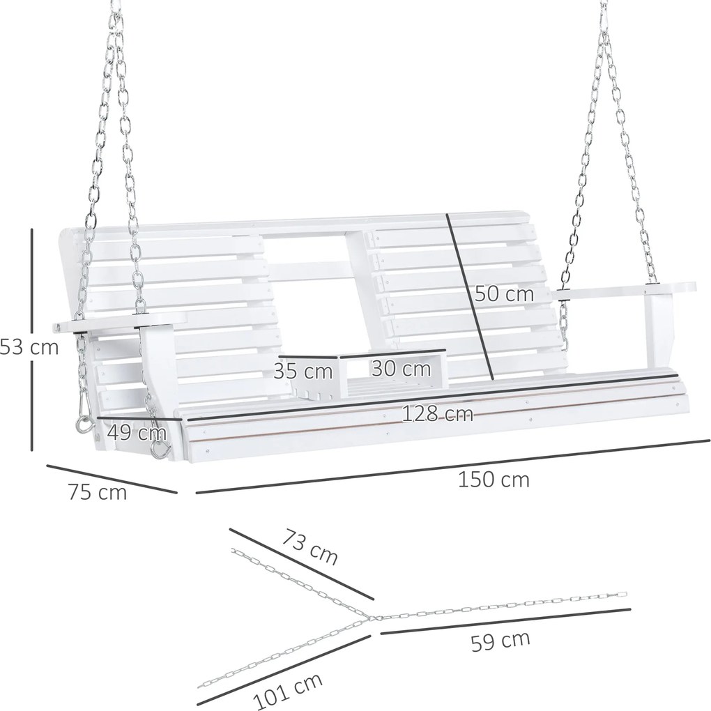 Outsunny 3-Seater Wooden Porch Swing Bench with Folding Coffee Table, Durable PU Coating, Chains Included, White