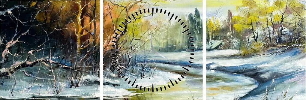 Obraz zimowej rzeki, obraz olejny (z zegarem) (90x30 cm)