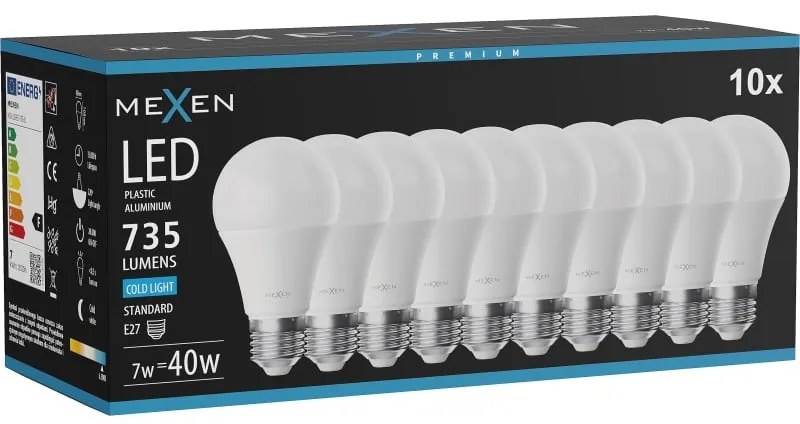 Mexen Nova 10x żarówka LED E27, A60, 7W, Zimna - 6500K, 735 lm - L100-E27-0765-01x10