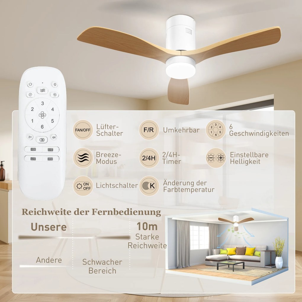 HOMCOM Sufitowy wentylator z oświetleniem LED, 6 prędkości, pilot, jasnobrązowy