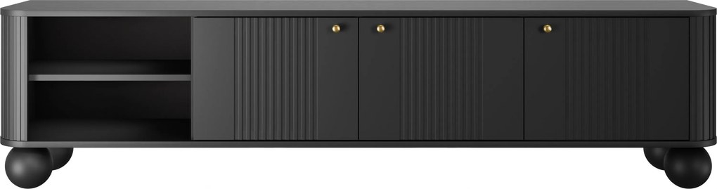 Szafka RTV Vesper 187 cm trzydrzwiowa - czarny / złote uchwyty / nogi kule