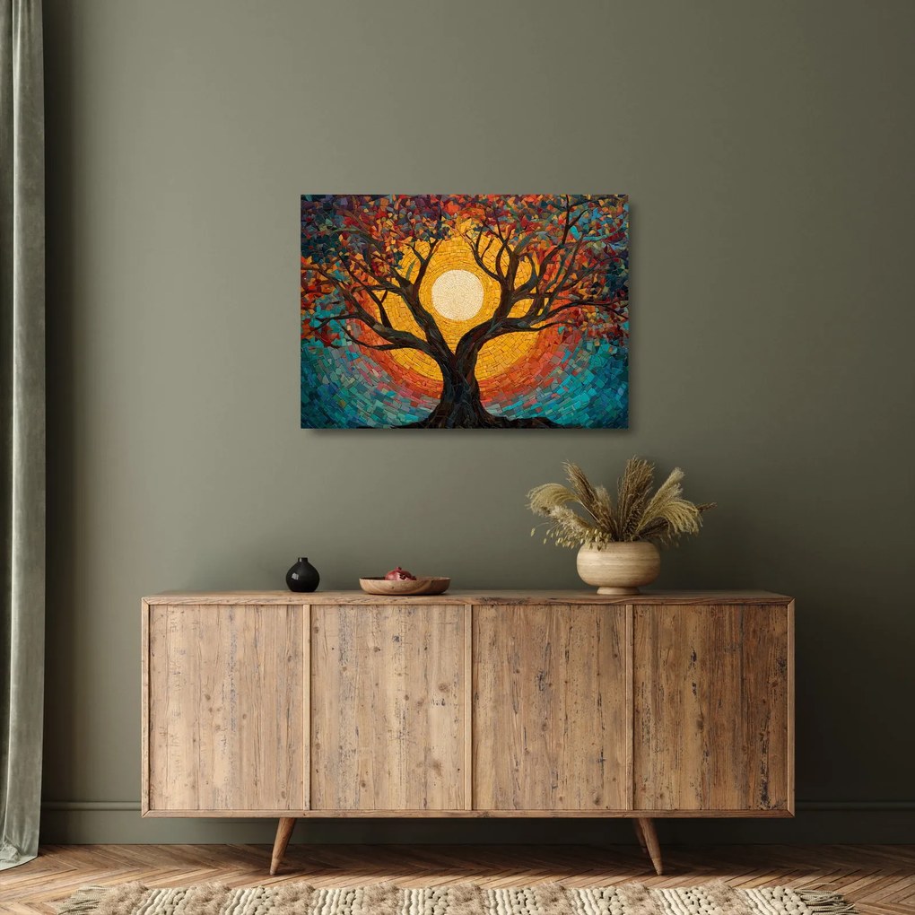 Obraz na szkle - Słońce w koronie drzewa życia (70x50 cm)