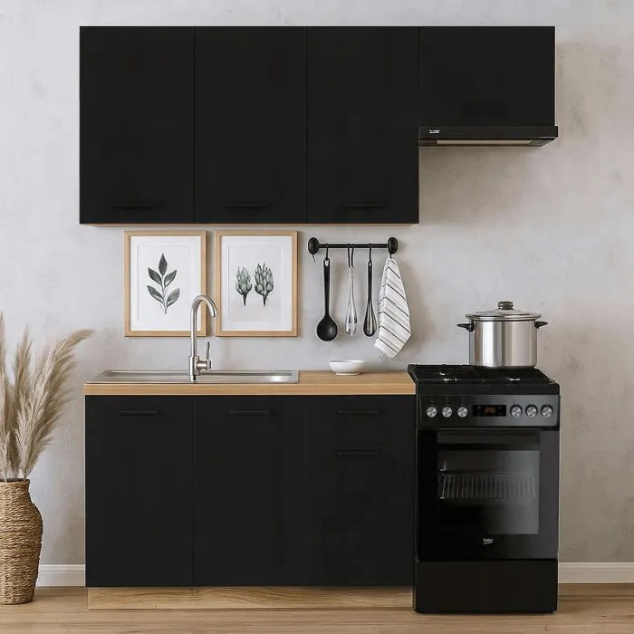 Zestaw Mebli Kuchennych MODERN 170 cm Czarny/Dąb Loftowy