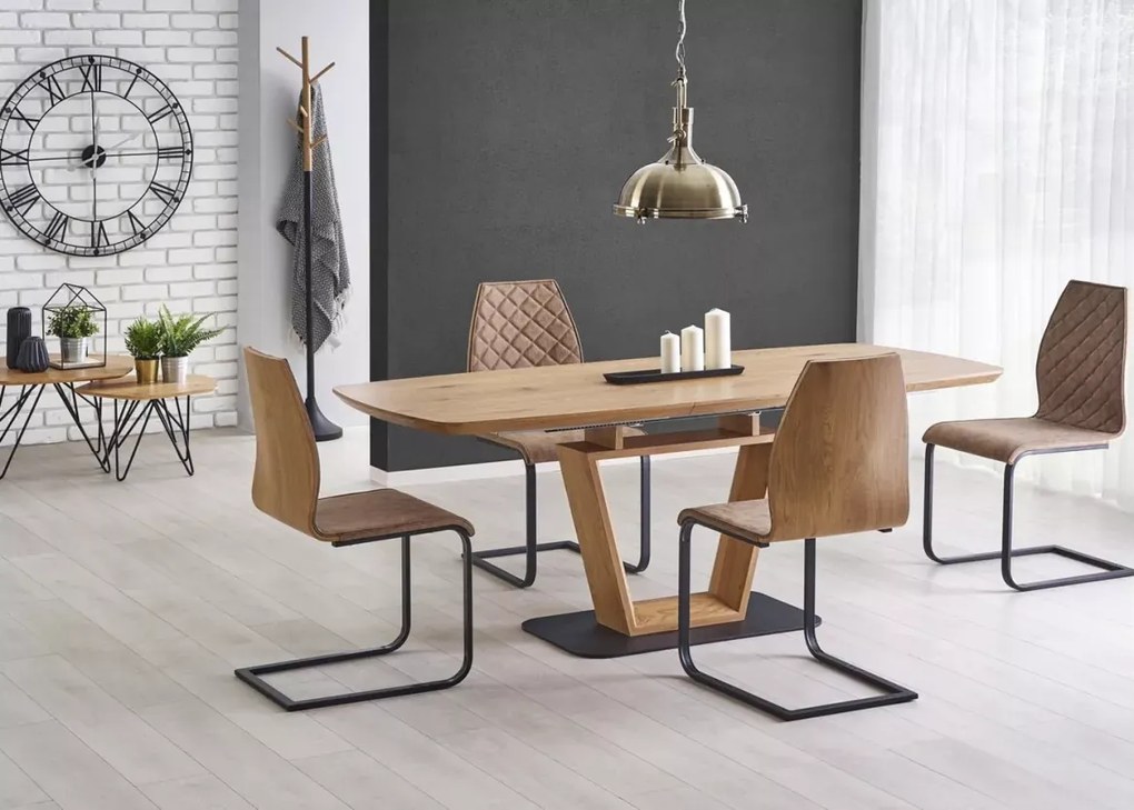 Nowoczesny rozkładany stół Black 160-220|90 z blatem MDF lakierowany w kolorze złoty dąb i czarną podstawą