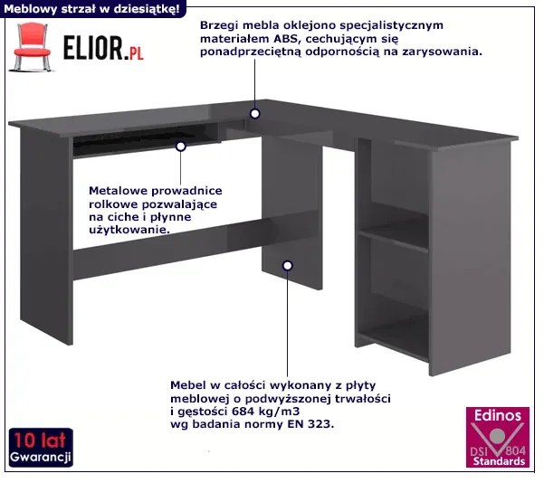 Szare biurko narożne nowoczesne połysk - Lorenza 4X