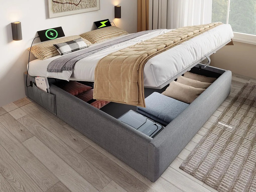 Łóżko tapicerowane 140×200cm - tkanina lniana - z gniazdami do ładowania i stelażem na listwy - Szary