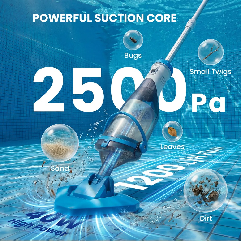 Outsunny Odkurzacz basenowy, bezprzewodowy, z regulowanym drążkiem 63-150 cm i szczotkami, do małych basenów, jacuzzi i stawów | Aosom PL