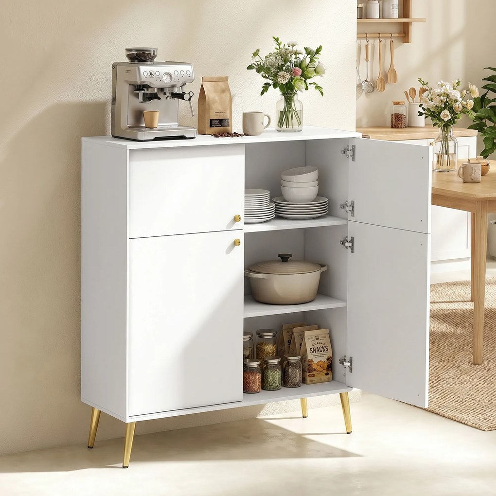 HOMCOM Nowoczesny sideboard, bufet 105,4 cm z 4 drzwiami Soft-Close i metalowymi nóżkami, do jadalni i kuchni, kremowo-biały | Aosom PL