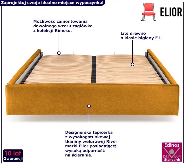 Musztardowy korpus łóżka tapicerowanego welurem Hordos 4X