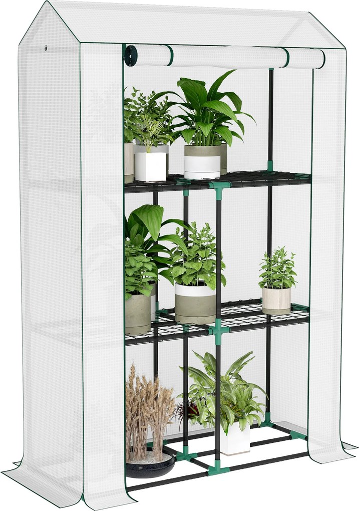 Outsunny Szklarnia z 3-poziomowymi półkami, osłona z tworzywa UV, rozwijane drzwi, 100 x 40 x 150 cm, Biały