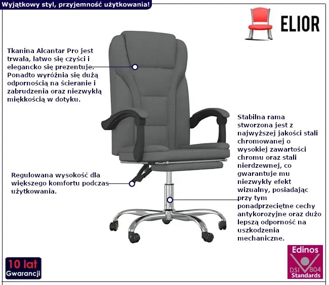 Ciemnoszare krzesło biurowe z podnóżkiem P8-G09