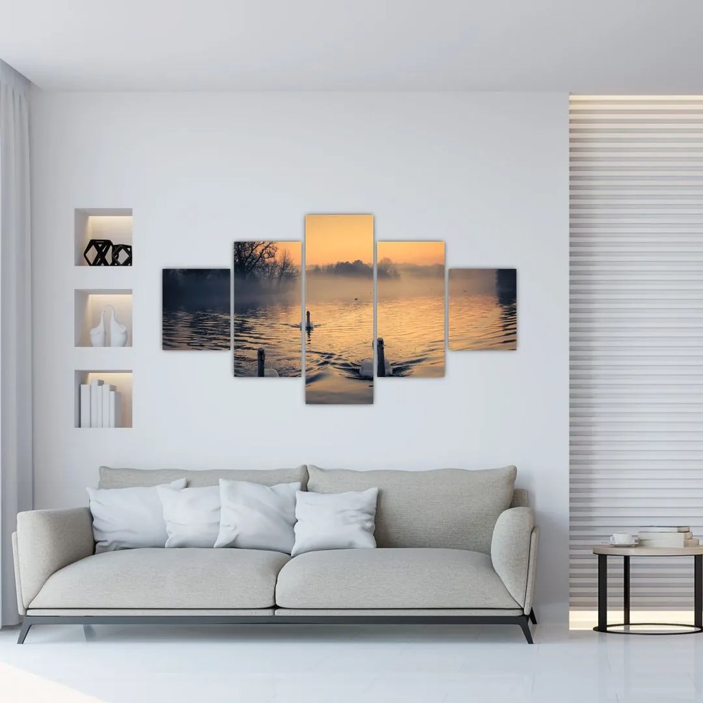 Obraz łabędzi na wodzie we mgle (125x70 cm)