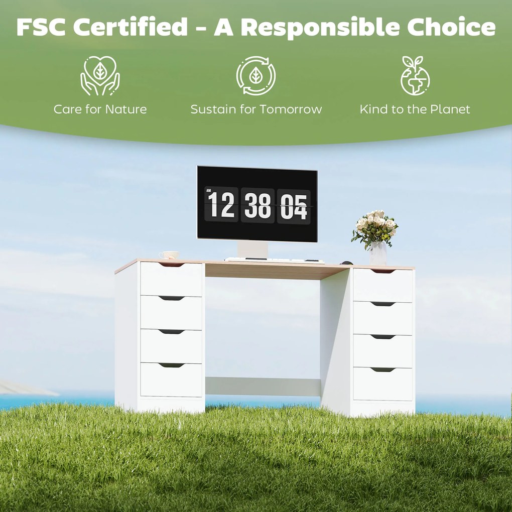 HOMCOM Biurko komputerowe 140 cm z 8 szufladami — białe, nowoczesne