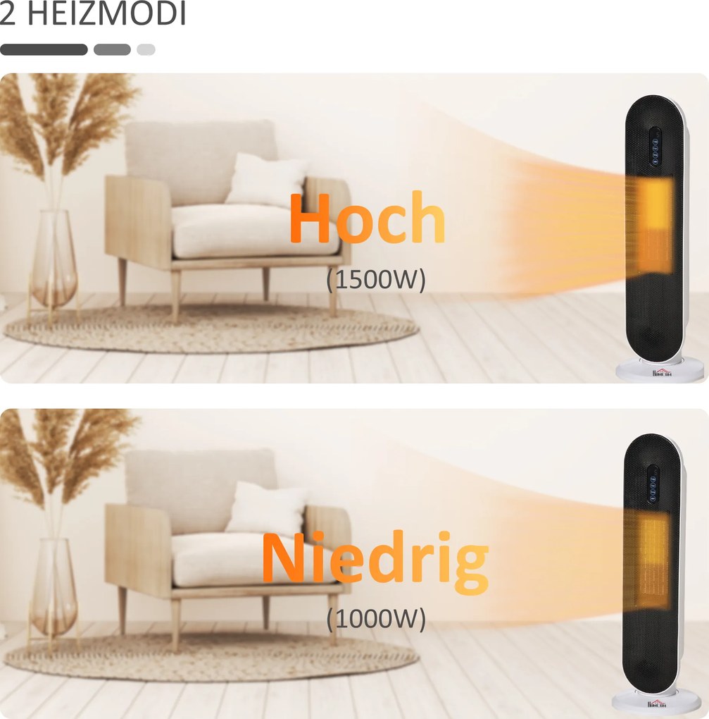 HOMCOM Grzejnik termoelektryczny 2000 Watt   Zdalne sterowanie 24-godzinny timer Oscylacja Metal, Plastik Biały + Czarny 21 x 21 x 63,5 cm