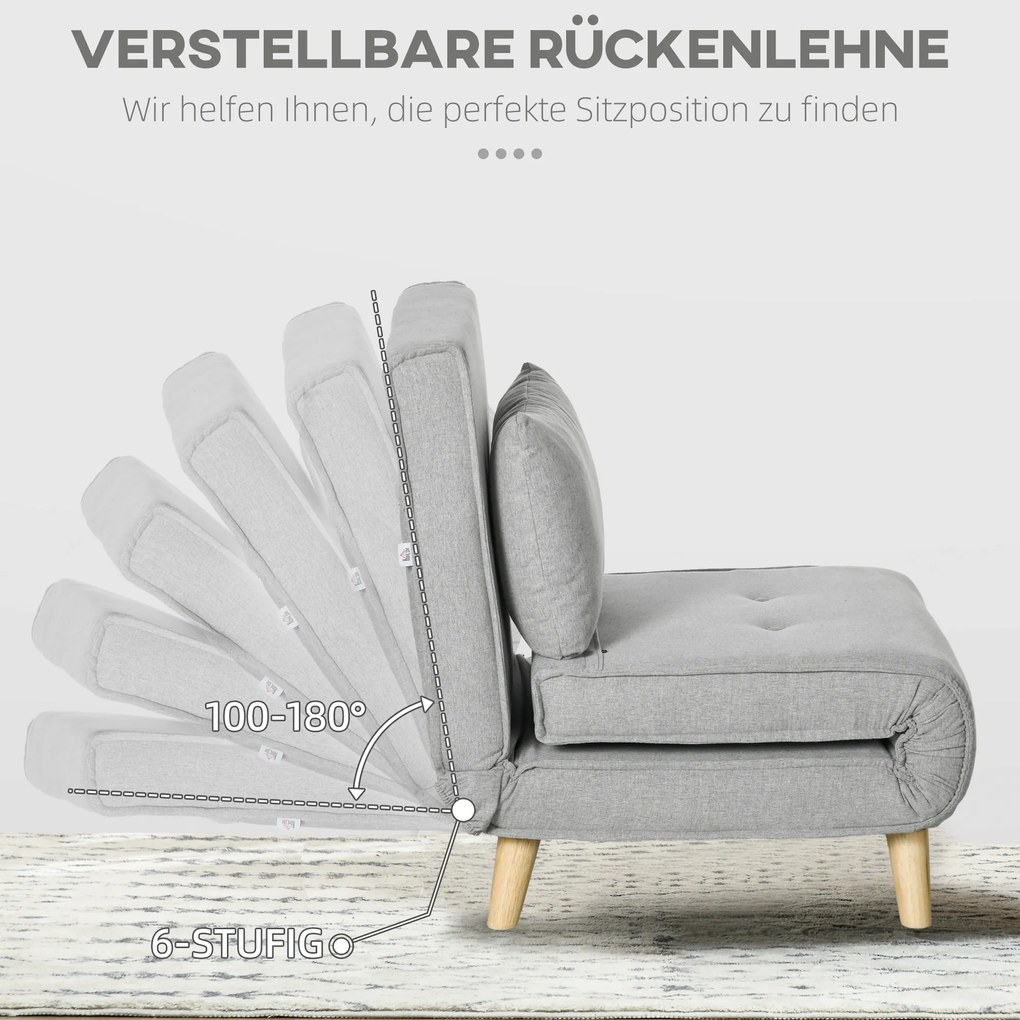 HOMCOM Fotel Rozkładany, 6-stopniowa Regulacja Oparcia, Wygląd Lnu, do 150 kg, Jasnoszary