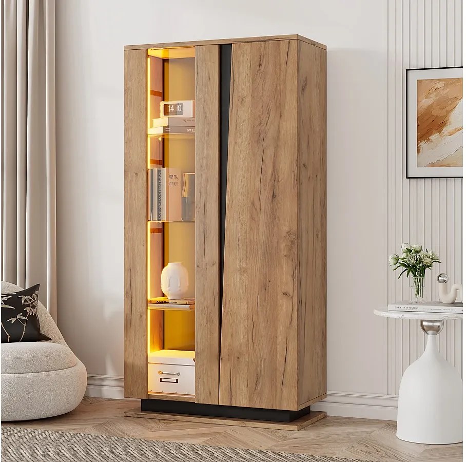 Nowoczesna witryna do salonu - 80 x 35 x 160 cm - 8 półek + 2 drzwi akrylowe + diody LED - płyta wiórowa - kolor naturalny