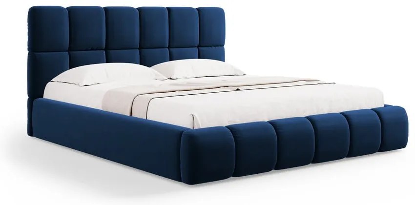 Ciemnoniebieskie aksamitne tapicerowane łóżko dwuosobowe ze schowkiem i stelażem 200x200 cm Bellis – Micadoni