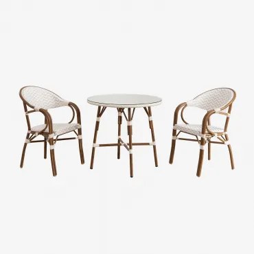 Zestaw Okrągłego Stołu Brielle Bistro O Średnicy 80 Cm I Dwa Sztaplowane Krzesła Z Podłokietnikami Z Aluminium. Nude Beżowy - Gardenia Biel - Sklum