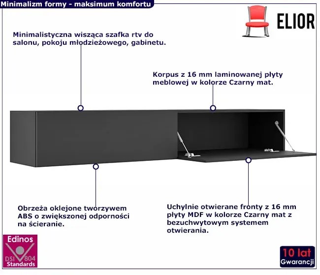 Czarna długa ścienna szafka rtv 180 cm - Falmi