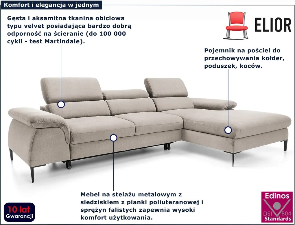 Beżowa kanapa narożna z regulowanymi zagłówkami C1-L28
