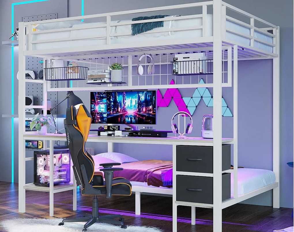 Łóżko piętrowe 140×200cm - z szufladą - z biurkiem - z oświetleniem LED + USB - białe (bez materaca)