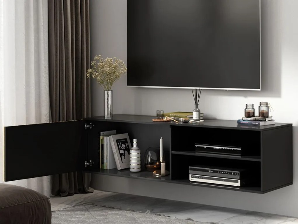 PROMOCJA Wisząca szafka TV MEORATI 150x40 cm, czarna/dąb artisan II. gatunek