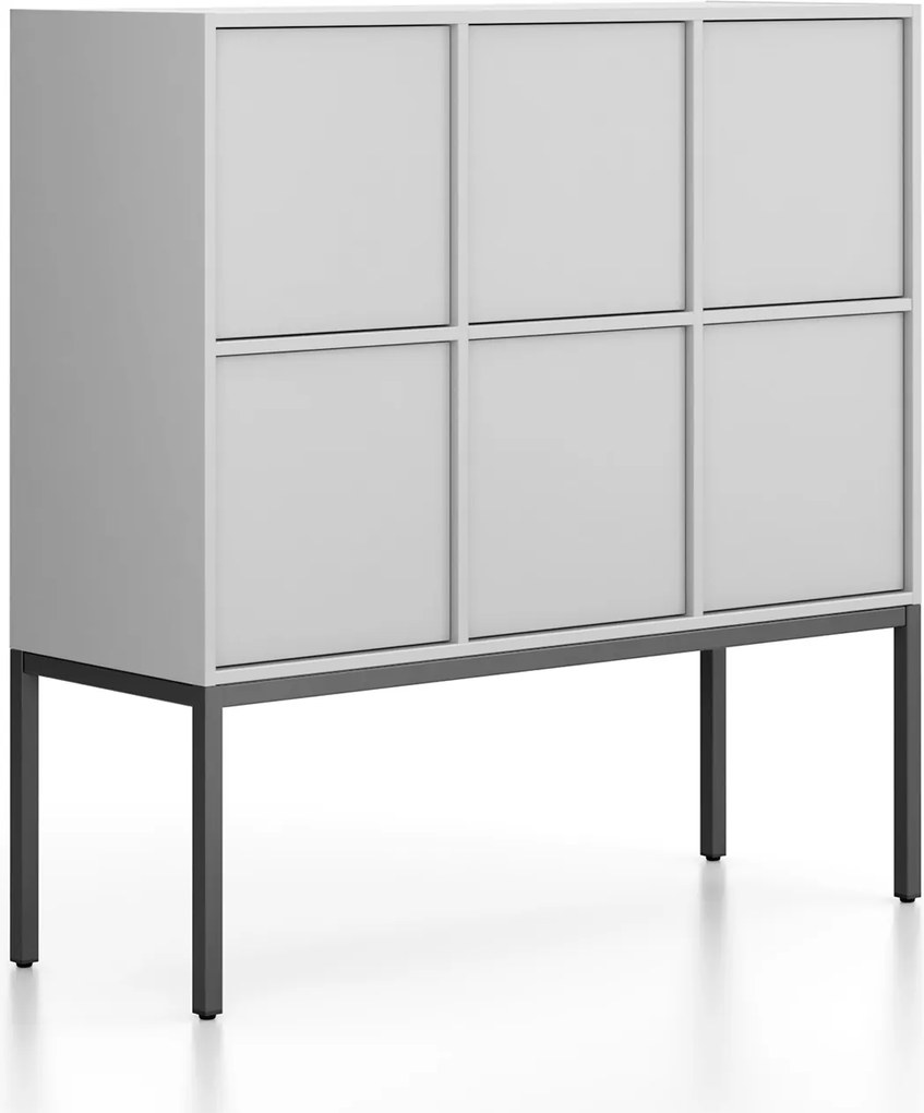 Szafa biurowa FRAME, niska, czarna podstawa, 6x drzwi, 1299 x 450 x 1331 mm, PUSH-lock, szary