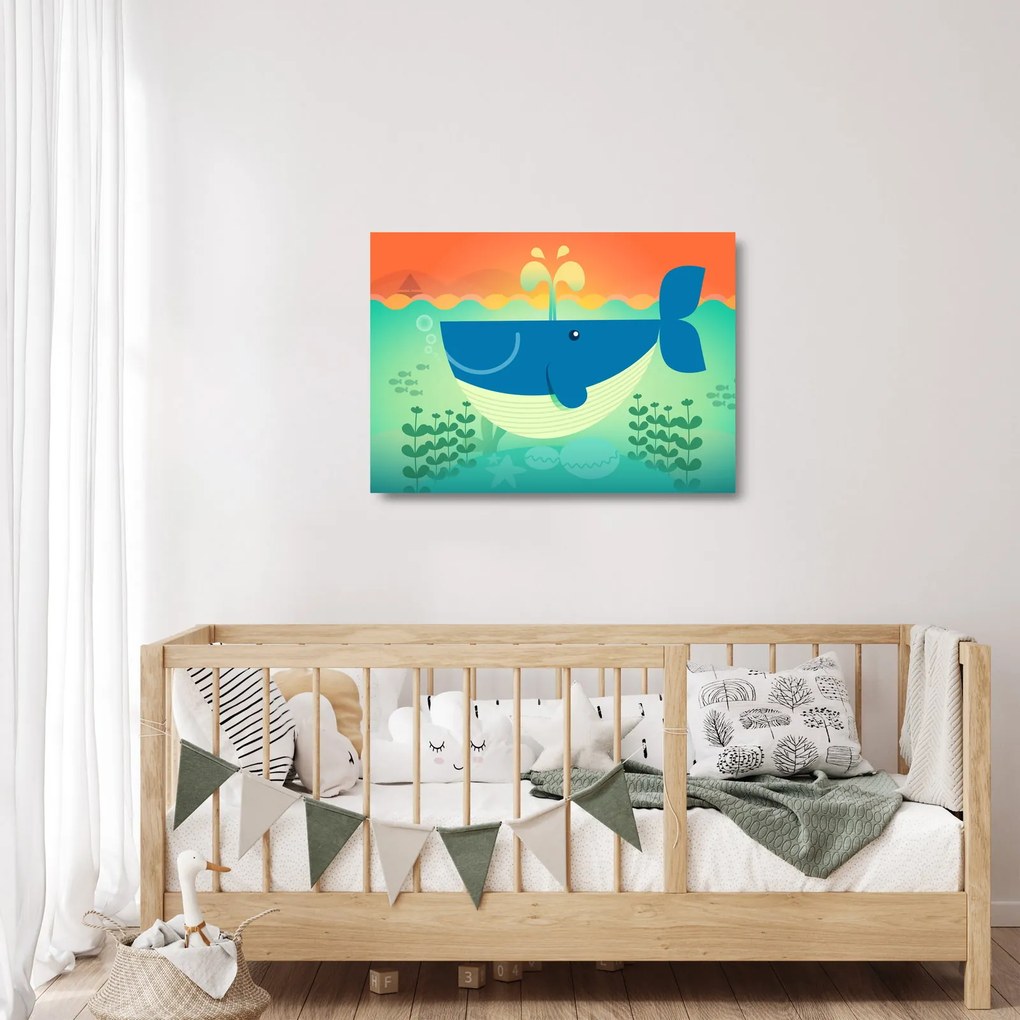 Obraz na szkle - Wesoły wieloryb w morzu (70x50 cm)
