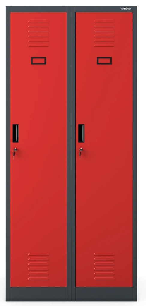 Szafka ubraniowa BHP antracytowo-czerwona: czterokomorowa KACPER, 800 x 1800 x 500 mm