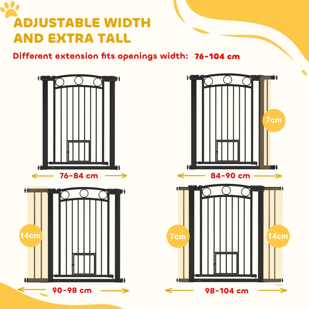 PawHut Bramka dla zwierząt, 96 cm, z regulowaną szerokością 76-104 cm, z drzwiczkami dla kota, do schodów i otworów drzwiowych, czarna
