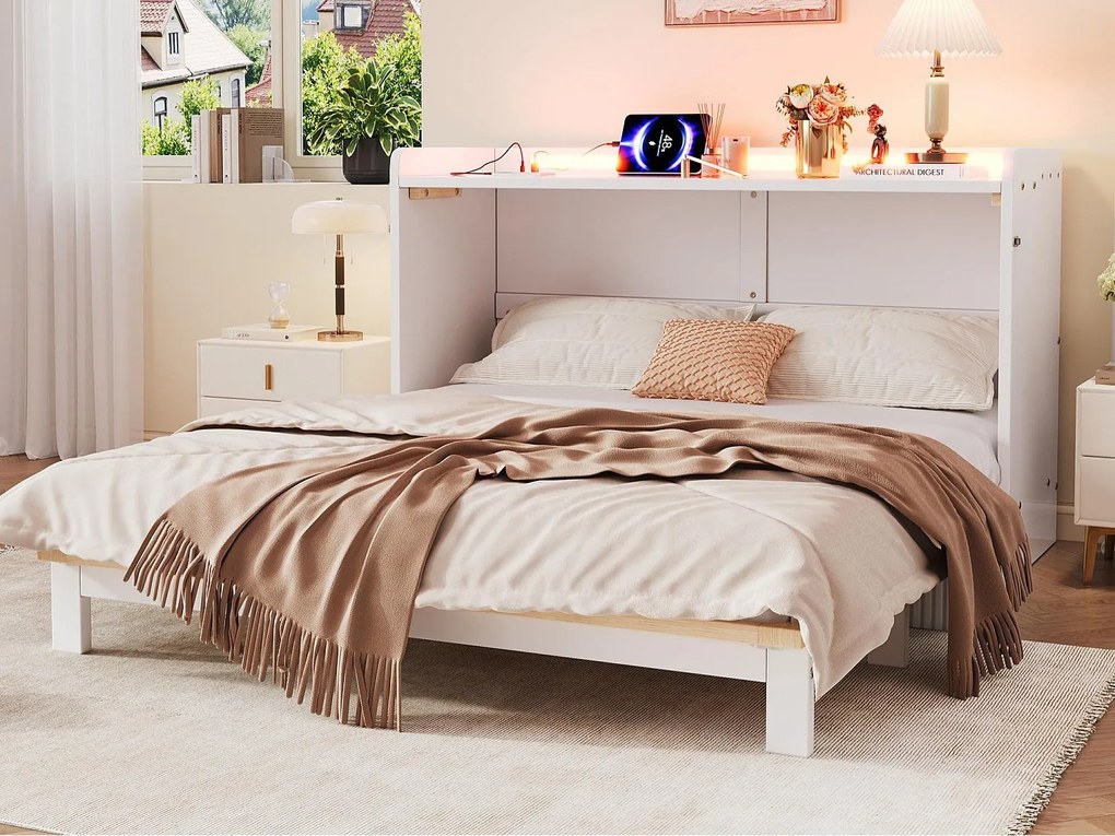 Łóżko chowane 140x200 cm - z portem USB + gniazdkiem elektrycznym - z oświetleniem LED - Łóżko chowane - biały​ (materac nie jest wliczony w cenę)