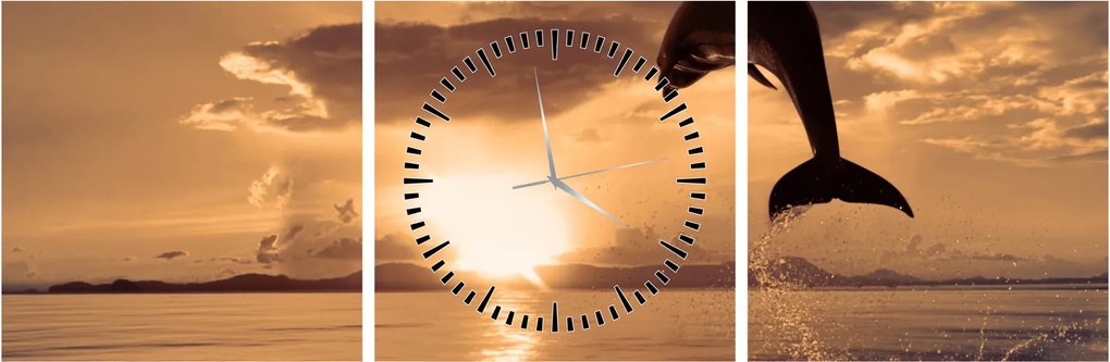 Obraz - Delfin o zachodzie słońca (z zegarem) (90x30 cm)