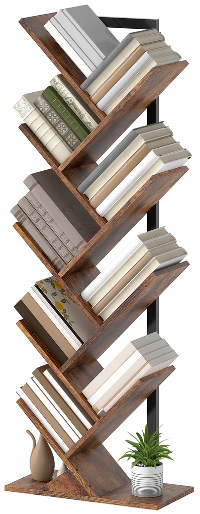 HOMCOM Regał stojący z 9 poziomami, wąski regał w kształcie drzewa do biura, rustykalny brązowy