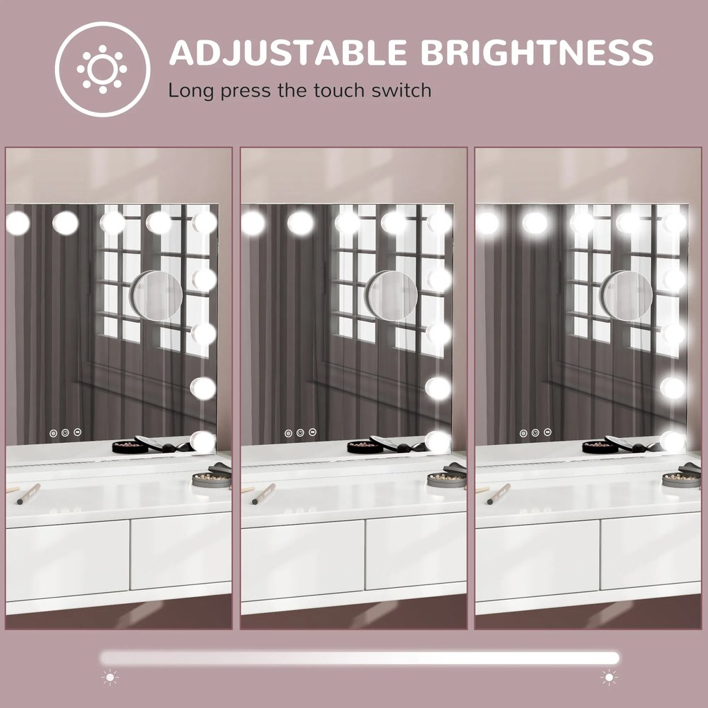 HOMCOM Kosmetyczne Lustro LED, 3 Tryby Światła, Ściemnialne, Sterowanie Dotykowe, USB, 58x48cm, Biały