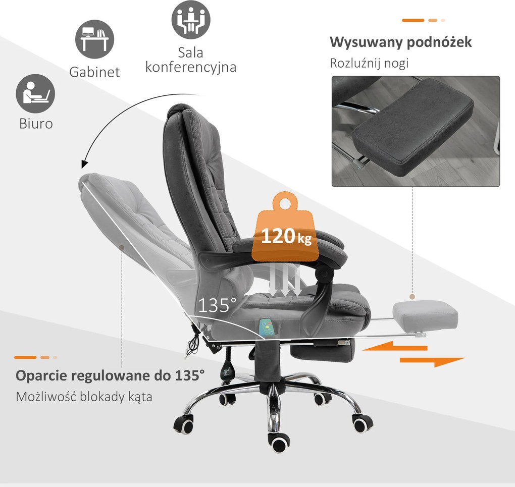 Vinsetto Fotel biurowy ergonomiczny z funkcją masażu masażer szary 65x160x104 cm | Aosom PL