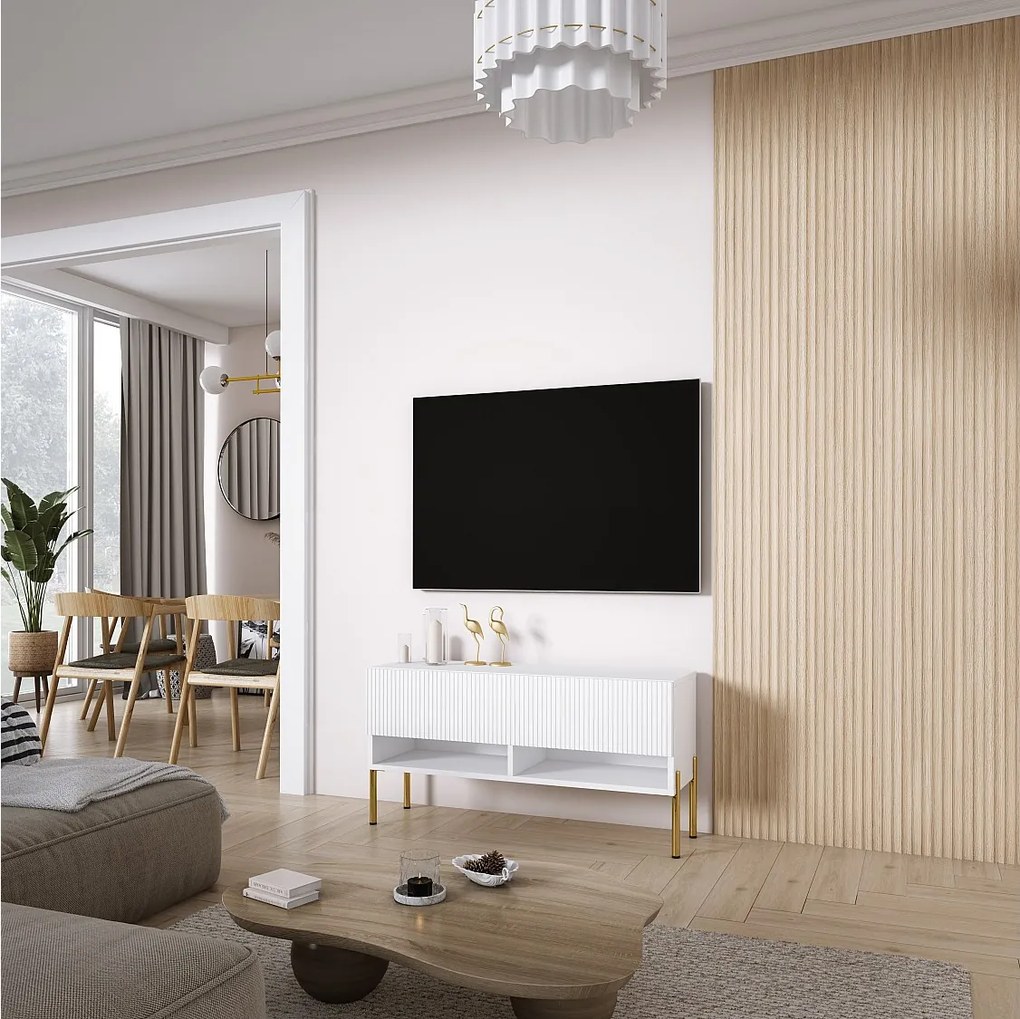 Szafka pod telewizor z ryflowanym frontem 100, Biały Mat, nóżki proste złote, 100 × 32 × 52 cm