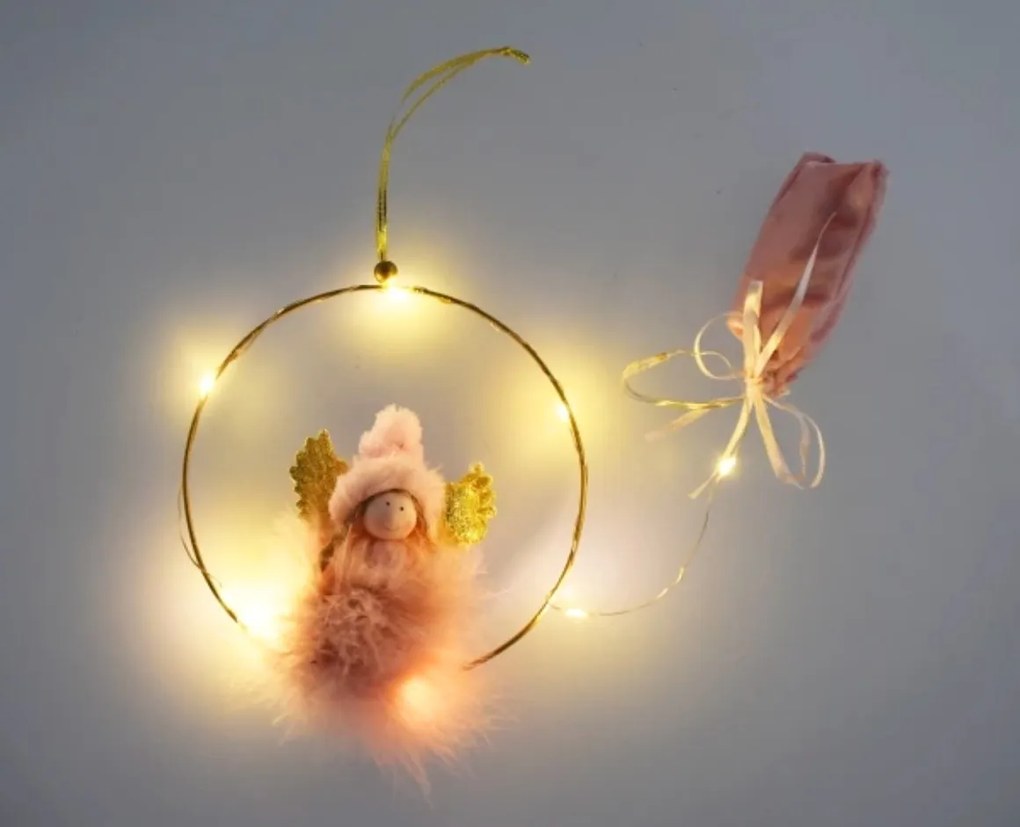 Wiszący LED różowy aniołek FLUFFY, 17 cm