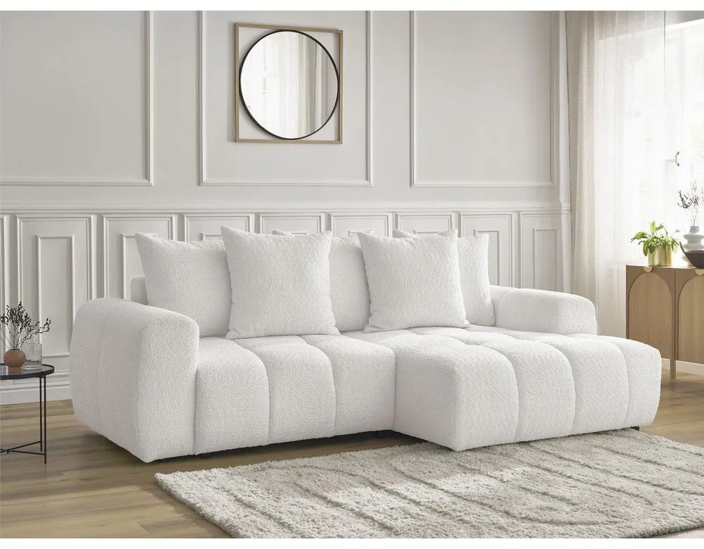Biały rozkładany narożnik z materiału bouclé ze schowkiem (prawostronny/z szezlongiem) Roxelane – Bobochic Paris