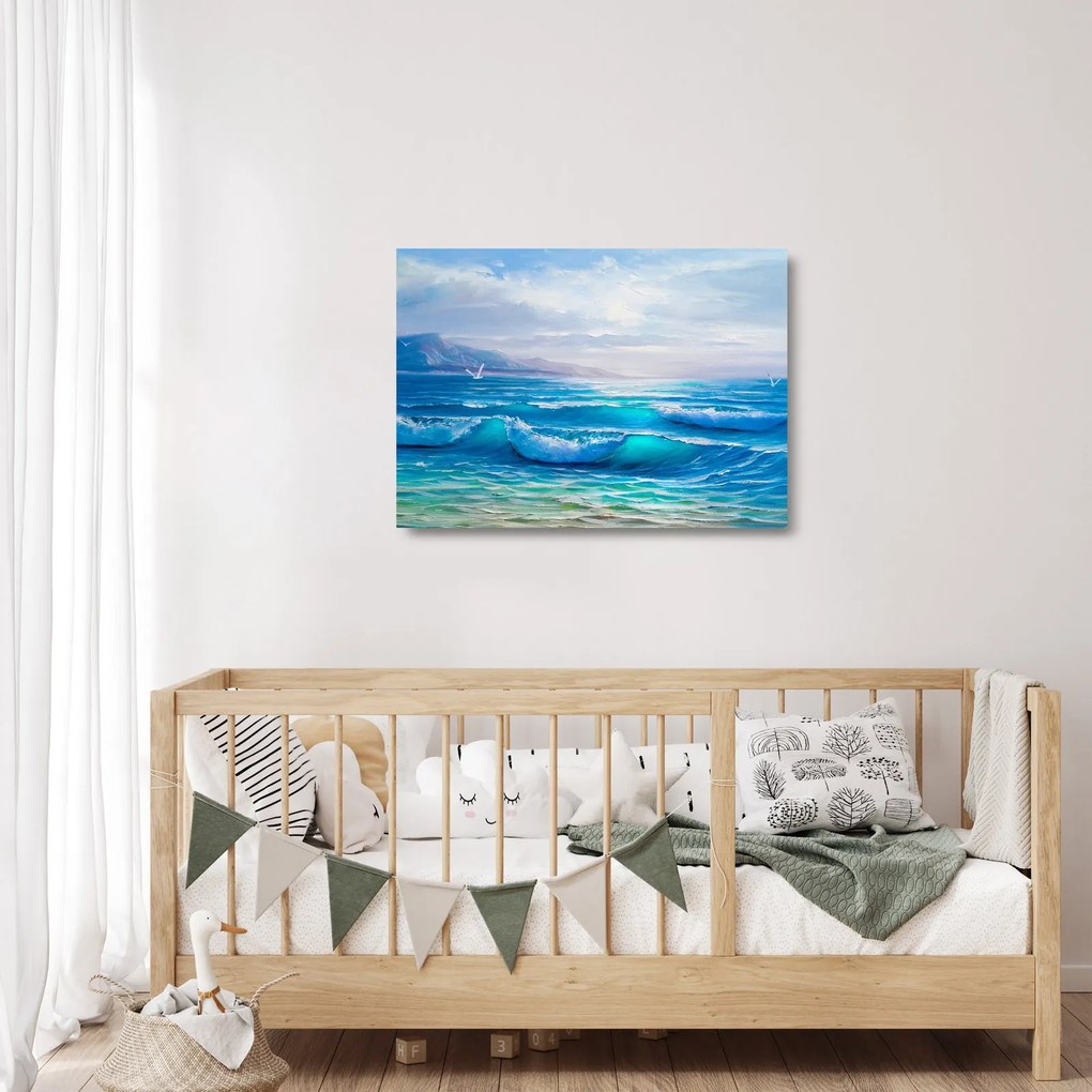 Obraz na szkle - Obraz olejny przedstawiający morze z mewami (70x50 cm)