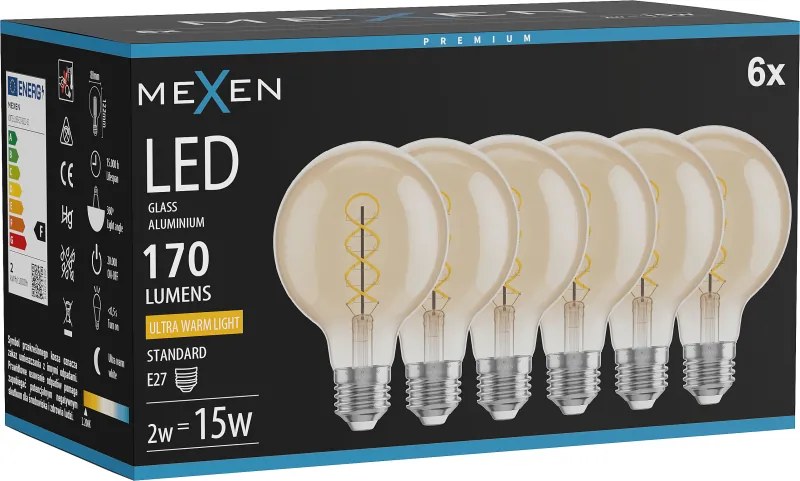 Mexen Vintis 6x żarówka filament spirala LED E27, G80, 2W, Ciepła - 2200K, 170 lm, amber - L165-E27-0222-50x06
