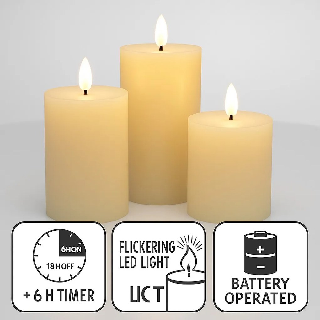 Dekoracyjne świece LED Ø 7,5 cm, 3 szt.