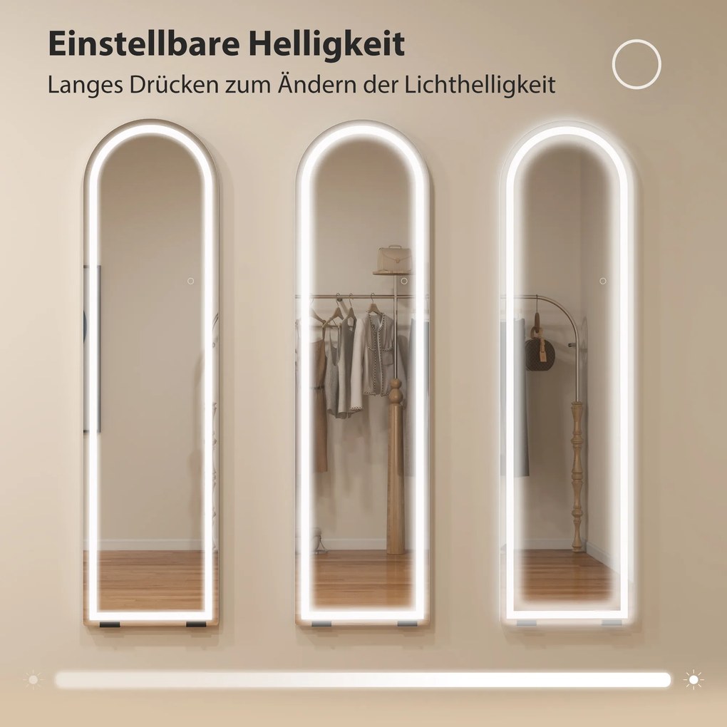 HOMCOM Lustro całopostaciowe z lampami LED, 150 x 40 cm, łukowe, ściemnialne, 3 kolory światła, wolnostojące lub do montażu na ścianie, biały