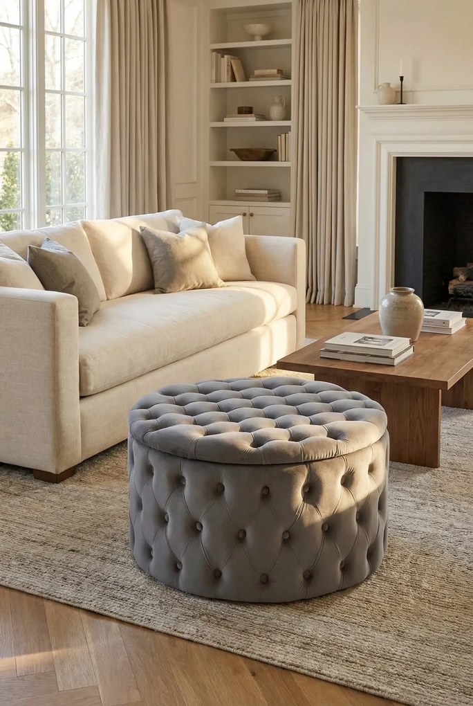 Popielata okrągła pufa ze schowkiem do salonu E4-H44