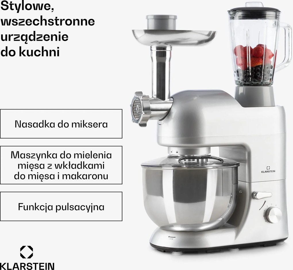 Klarstein Lucia 1800W 5L Robot Kuchenny z Maszynką do Mięsa Srebrny