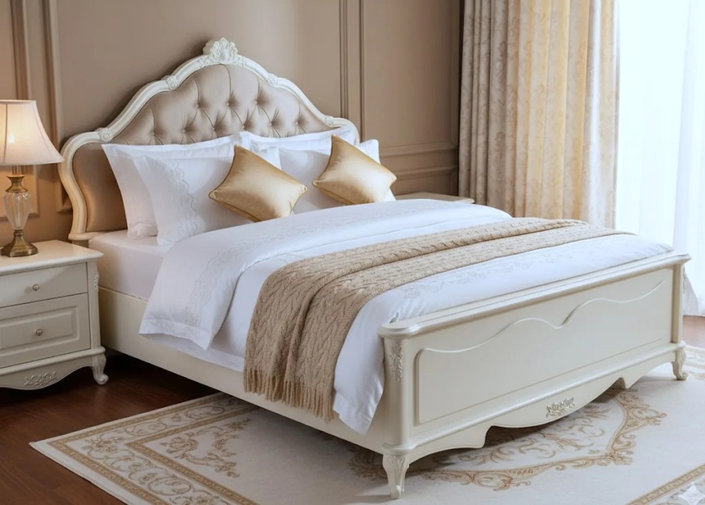 Bogato zdobione łóżko ecru 140x200 cm, zagłówek tapicerowany, pikowany kryształkami. Piękne eleganckie łóżko glamour do stylowej sypialni.